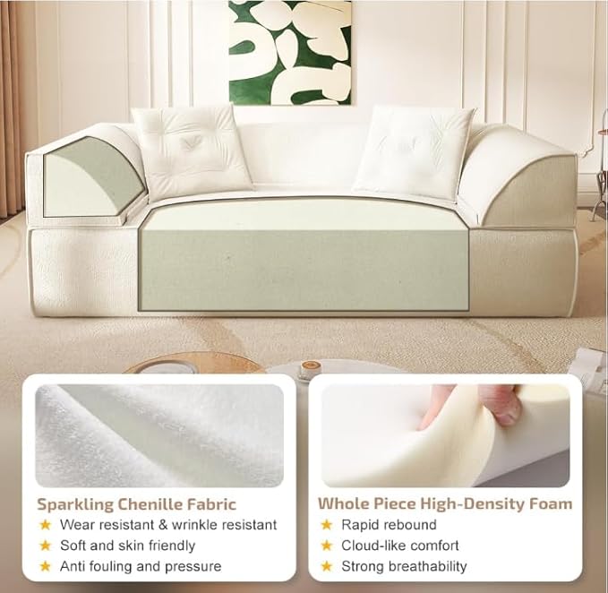 3-in-1 Convertible Folding Sofa Bed 79.5 Queen Size Sleeper Curved Couch Modern Deep Seat Fluffy Couch with 2 Pillows 3-Seater Sofa Sparkling Chenille Fabric Sofa (A-Beige 3 Seat)