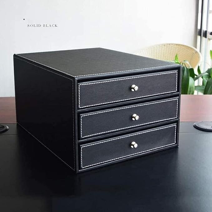 qiuqiu Office Cabinet File Box 3-Drawer Leather Filing Cabinets Desk 3 Layer Leather File Cabinet Drawer Style A4 Document Storage Box Business Office Supplies Furniture-Black