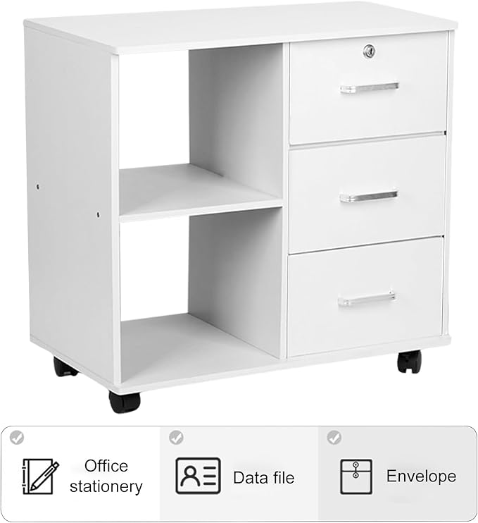 File Cabinet3 Drawers Mobile Lateral Filing Cabinet with LockPrinter Stand with Open Storage Shelves for Home Office
