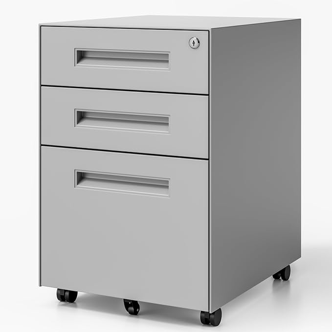 Dripex 3 Drawer File Cabinet Mobile File Cabinet with Lock on Wheels Letter/Legal Size Fully Assembled Modern Small Short Vertical Metal Rolling Filing Cabinets Under Desk for Home Office (Grey)