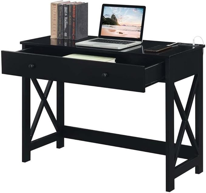 Pemberly Row 42-Inch Desk with Charging Station Black Wood Finish Built-in USB Ports and Outlets Sliding Drawer X Side Design 6 ft Power Cord Home Office or Study Desk