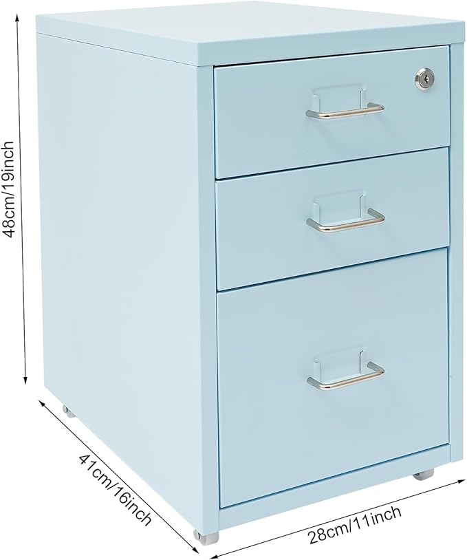 3-Drawer File Cabinet Mobile Under Desk Storage Small Metal Storage Cabinet with Lock for Home Office A4-11 L x 16 W x 18.3 H (Blue)