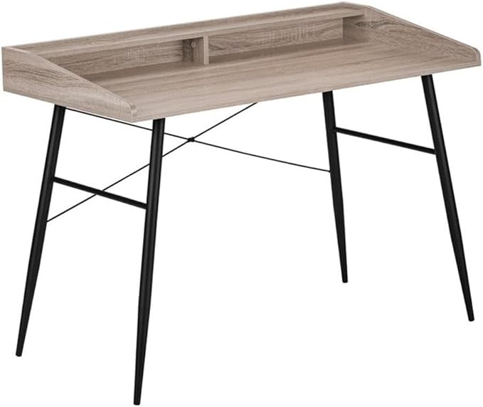 Pemberly Row Computer Desk 47 W x 23 D Dark Taupe Wood-Look Finish Black Metal Base Hutch with Shelf and Storage Cubbies Mid-Century Modern Home Office or Bedroom Laptop Table