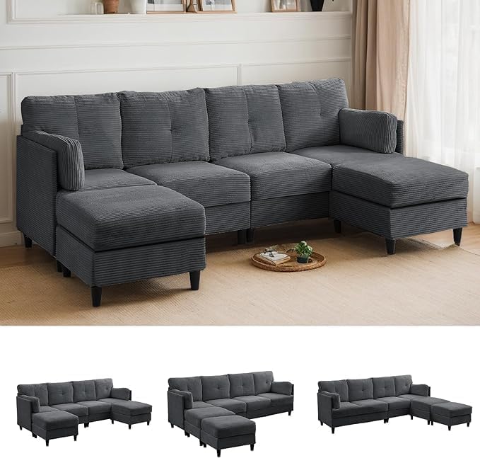 PUREMIND 89 U Shaped Sectional Couches Corduroy Sectional Sofa with Reversible Storage Ottoman 4 Seater Sofa with Throw Pillows Upholstered L-Shaped Couch for Living Room Dark Grey