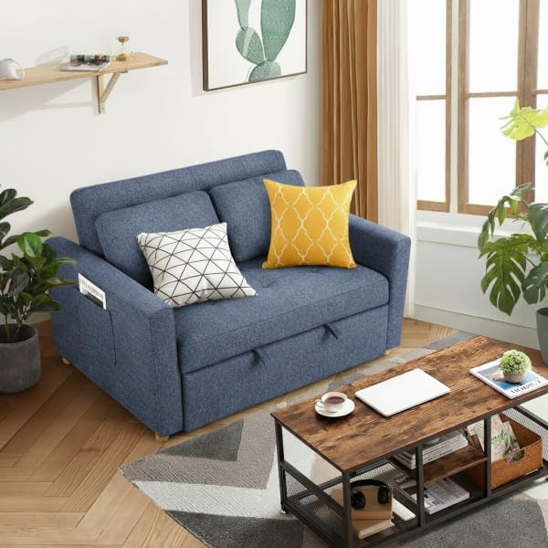 Homdox Convertible Sofa Bed Pull Out Loveseat Sleeper Sofa 3 in 1 Convertible Couch Bed Futon Sofa with Pillows for Living Room Bedroom Lounge Blue