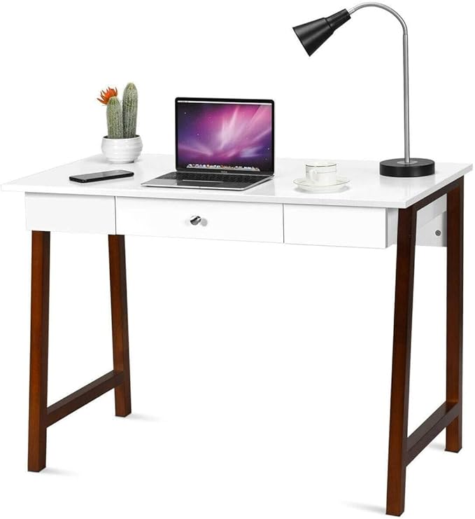 Moccha Writing Desk Computer Laptop Table w/Storage Drawer Solid Wood Frame Makeup Dressing Vanity Desk for Home Large Space Study Table Workstation for Office Sturdy and Durable Easy Assembly