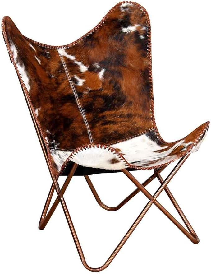 YAFF Brown &amp White Cowhide Leather Butterfly Chair – Ergonomic Comfort Iconic Style Lightweight &amp Durable Powder-Coated Iron Frame Perfect for Living Room Relaxation