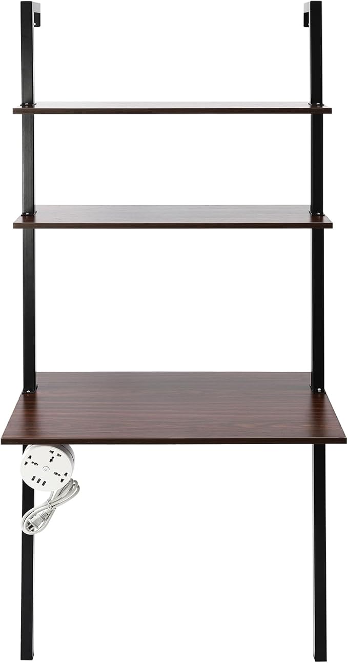 2-Shelf Wall Mount Desk Laptop Desk with Shelves Modern Computer Writing Table with Power Strip for Work Platform Ladder Desk Shelf Desk Industrial Desk 72 Inch Height Brown Black