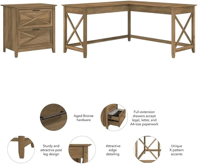 Bush Furniture L Shaped Desk with Lateral File Cabinet | Key West Collection Corner Computer Table with Storage for Home Office with Filing Unit | 60Wx60Dx30H
