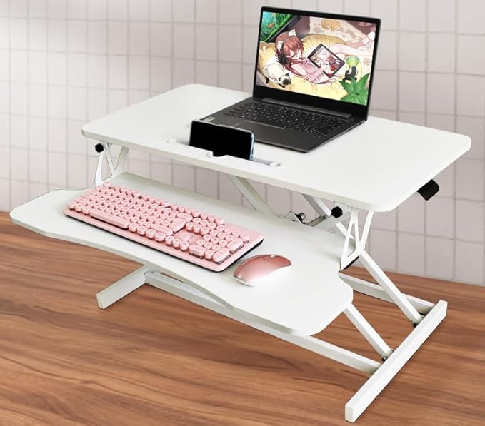32 Inch Height Adjustable Sit to Stand Desk Converter Riser Workstation with Wide Keyboard Tray Computer Gaming Desks Home Office Corner Desks Bedroom Craft Study TableWhite