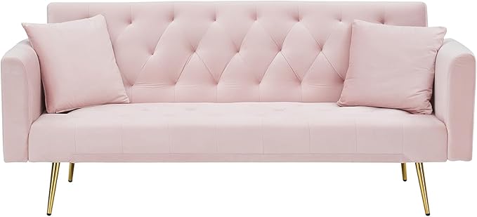 71 Modern Velvet Sofa Bed Futon Convertible Sleeper Couch with Adjustable Backrest Tufted Recliner Loveseat with Golden Chrome Legs &amp 2 Pillows for Small Spaces Living Room Apartment (Pink)