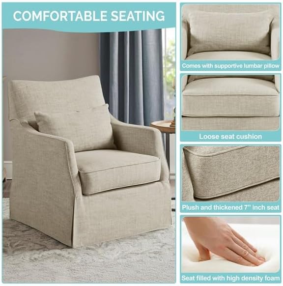 Martha Stewart 360° Mint Swivel Chair Modern Classic Skirted Armchair with Soft Removable Seat Cushions and Lumbar Pillow Rust Resistant Metal Swivel Base for Living Room Bedroom