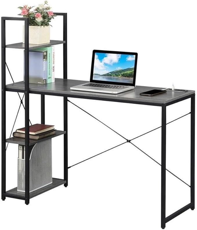Pemberly Row Office Workstation Desk with Charging Station and Shelves Gray Wood Finish 44 in x 17.5 in x 46.75 in Black Metal Frame Home Office Desk with USB Ports and Storage Shelves