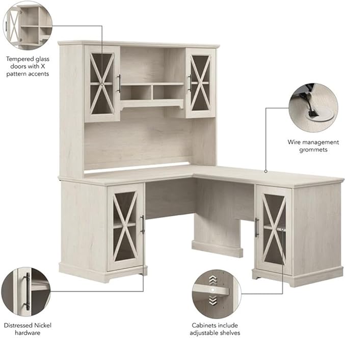 Bush Furniture Lennox 60W Farmhouse L Shaped Desk with Hutch and Storage Cabinets in Linen White Oak | Corner Computer Table for Home Office