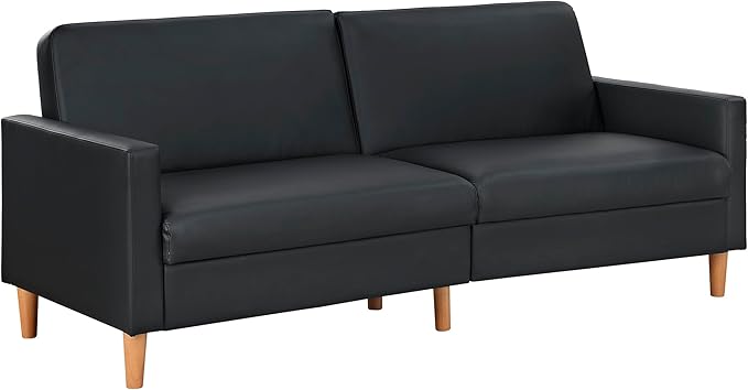 Lexicon 79W Convertible Futon Sofa Bed Loveseat Faux Leather Upholstered Couch Sleeper Adjustable Backrests Padded Pocket Coil Solid Wood Legs for Living Room Bedroom Apartment Office Black