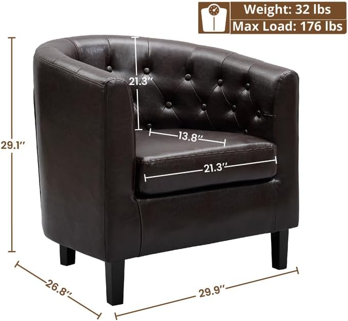 Modern Tufted Faux Leather Accent Chair with Barrel Back Design Thick Cushions &amp Wood Legs – Elegant Statement Chair for Living Room &amp Home Décor