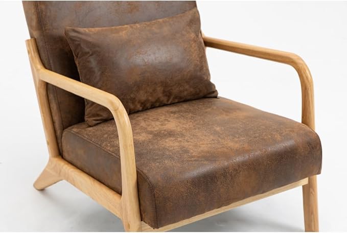 Mid Century Modern Accent Chair with Wood Frame Upholstered Living Room Chairs with Waist Cushion Reading Armchair for Bedroom Sunroom (Brown + Fabric + Cotton)