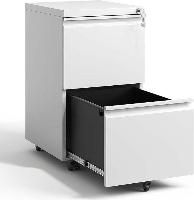 2-Drawer Mobile File Cabinet - Metal with Lock Brakes Compact 5 Casters Fully Assembled Except Wheels Rolling for Legal Letter A4 Size Hanging Folders Home Commercial Office (Antique White)
