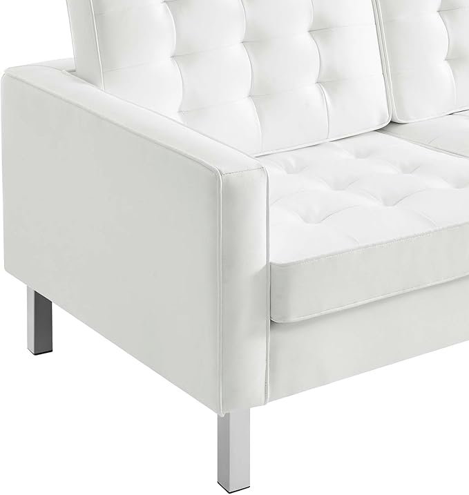 Modway Loft Tufted Button Faux Leather Upholstered Sofa in Silver White