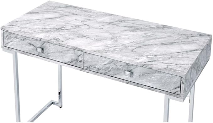 Acme Tigress Faux Marble Top Writing Desk with 2 Drawers in White and Chrome