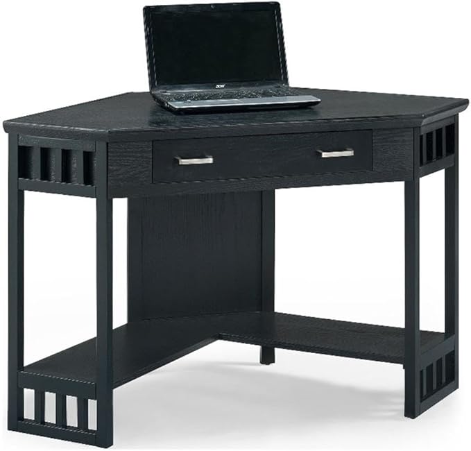 Leick Home 83430 Corner Computer/Writing Desk with Center Keyboard Drawer and Shelf Black Oak