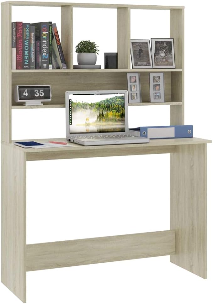 Modern Writing Computer Desk with Shelves and Upper Cabinet Home Office Desk Writing Study Table PC Desk Workstation for Bedroom Sonoma Oak 43.3x17.7x61.8 Engineered Wood(B)