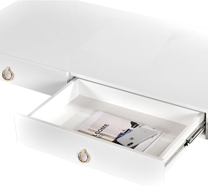 First of a Kind Juneau Modern Gloss Lacquer Computer Desk - Home Office Desk with Drawers - Writing Desk for Luxurious Touch - Versatile PC Desk White/Gold