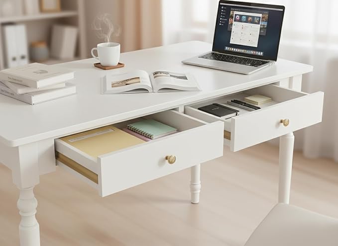 Farmhouse French Country Writing Desk with Drawers – Solid Wood Computer Desk for Home Office Bedroom &amp Study Workspace Compact Rustic Wood Table (Ivory White 31 * 30 * 24in)