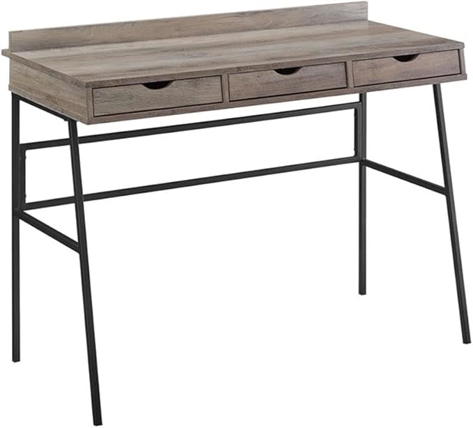 Pemberly Row 42 Engineered Wood 3-Drawer Desk Gray Wash Finish Angled Front Design Cutout Handles Cord Management Minimalistic Metal Legs Modern Writing Desk for Home Office