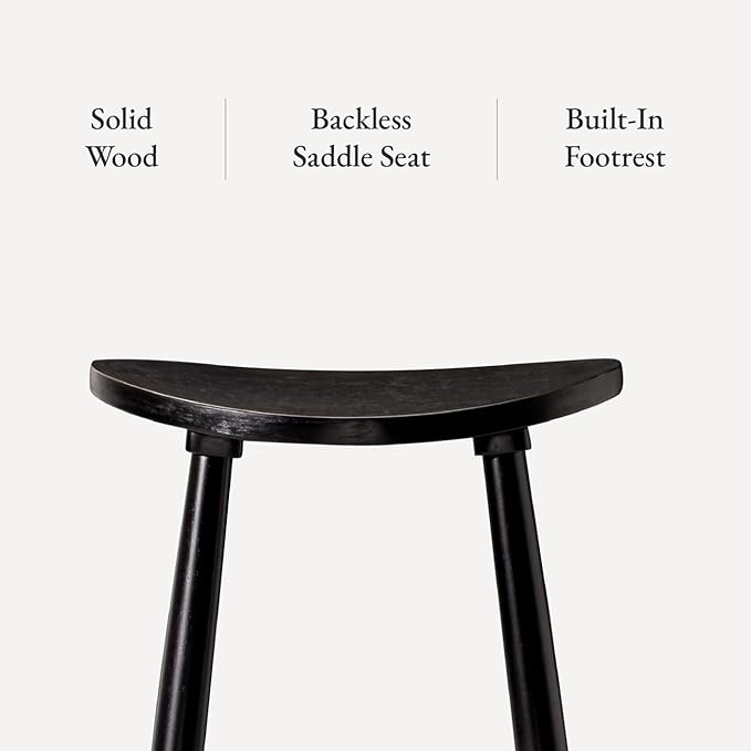 Maven Lane Luna Counter Stool Set of 4 – 26 Inch Round Stools with Footrest – Black Solid Wood – Space-Saving Design for Kitchen Counters &amp Islands Ideal for Apartments Dorms &amp Compact Livin