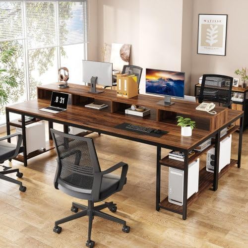 78 Two Person Computer Desk with Drawers Long Double Home Office Desk with with Storage Shelves Large Gaming Study Writing Table Workstation for Office (Brown-Monitor Stand)