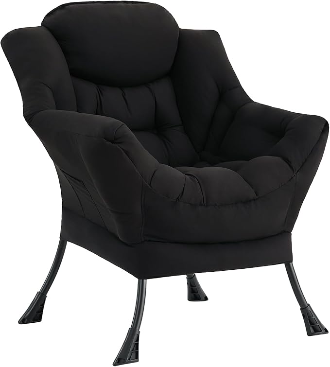 LITA Lazy Chair with Armrests and Side Pocket Modern Upholstered Accent Reading Chair for Living Room Bedroom Dorm Small Spaces Single Black
