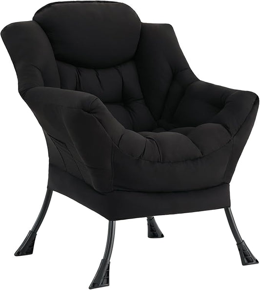 LITA Lazy Chair with Armrests and Side Pocket Modern Upholstered Accent Reading Chair for Living Room Bedroom Dorm Small Spaces Single Black