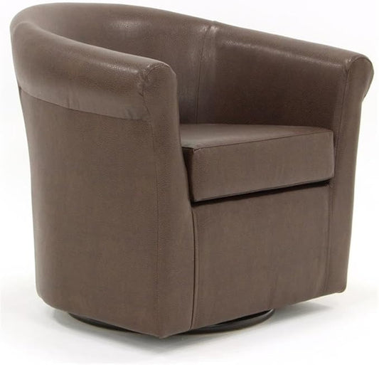 Pemberly Row Traditional Faux Leather Swivel Club Chair 30.5 in Wide Brown Finish Padded Removable Seat Rounded Arms 360 Degree Swivel Base Comfortable Accent Chair for Living Room or Reading