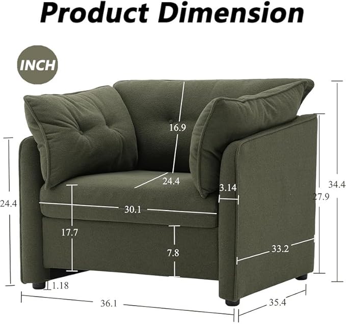 Chenille Oversized Armchair Modern Accent Chair Single Sofa Lounge Chair Chenille Fabric 36 Wide 24 Seat Deepth Reading Chair for Living Room Bedroom (Green)