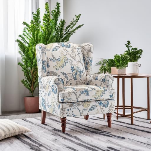 MELLCOM Floral Accent Chair High Back Upholstered Armchair with Solid Legs Leisure Single Sofa Chair for Living Room Bedroom Home Office Blue Floral