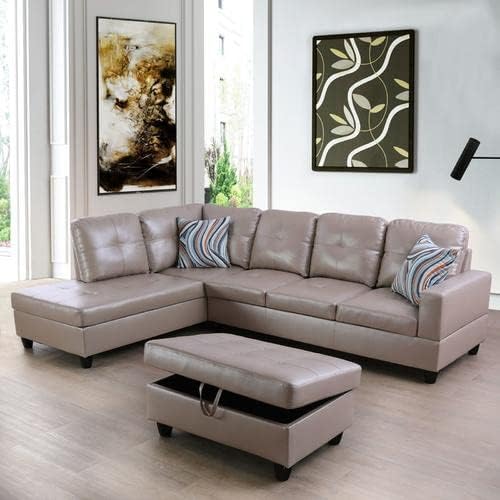 Leather Sectional Sofa SetL Shaped SofaSectional Sofa for Living Room Living Room Furniture Sets Apply to Apartment and Home(Leather Sectional Couch+Hydraulic Rod Ottoman) Latte
