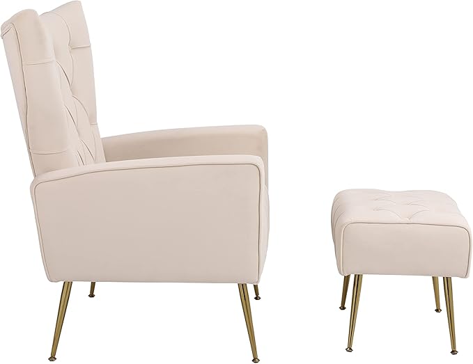 Velvet Accent Chair with Ottoman Modern Lounge Chair with Wing Backrest &amp Metal Legs Upholstered Single Leisure Sofa Chair Reading Chair for Living Room Bed Room Office (Beige)