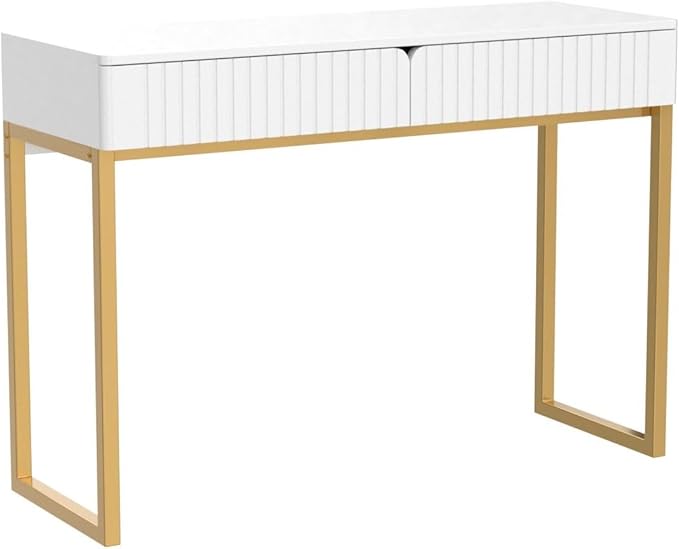 Elegant Modern Desk 2 Drawers Gold Legs 43.3x15.75 inches Home Office Makeup Vanity Computer Writing Study Entryway Sofa Table