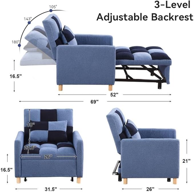 Sleeper Chair Bed - Convertible Single Sofa Chair Bed with PillowPull Out Sleeper Bed with Adjustable BackrestMulti-Functional Lounge Chair with Teddy Fabric for ApartmentLiving Room (Blue)