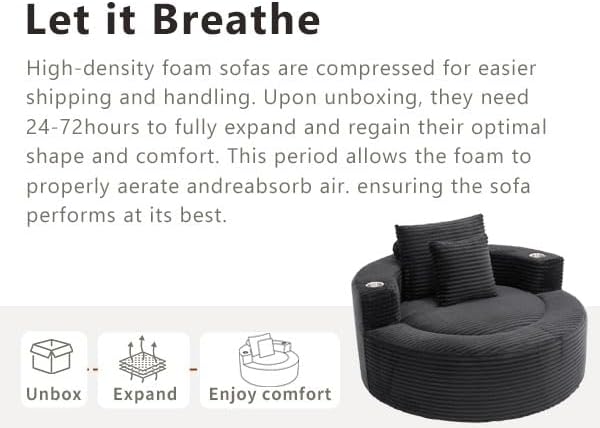 55 Black Oversized Round Boneless Couch Sofa Velvet Memory Foam Cloud Couches Lounge Chair Comfy Fluffy Single Sofa with 3 Pillows for Living Room Bedroom No Assembly Required (Black .)