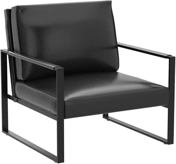 AWQM Leather Accent Chair Set of 2 Sofa Chair with Extra-Thick Padded Backrest and Seat Cushion Single Sofa for Living Room Bedroom Black Metal Frame 105 Degree Slant Back Black (ETSF-01BK-02)