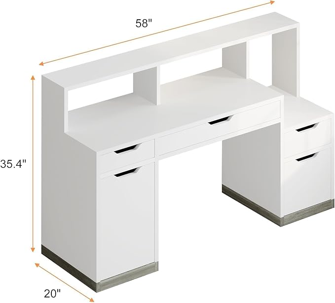 Computer Desk with 4 Drawer &amp Storage Shelves 58 White Office Desk with File Drawer &amp Cabinet Small Study Desk with Monitor Stand &amp Printer Shelf for Bedroom Small Spaces White