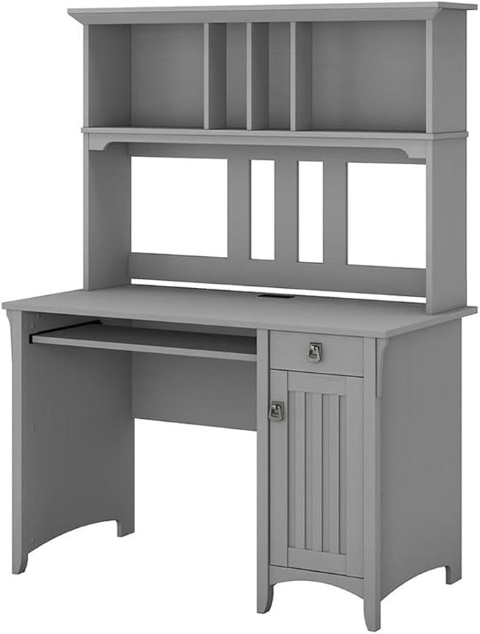 Pemberly Row Small Computer Desk with Hutch 48W x 23D x 63H Cape Cod Gray Engineered Wood Wire Management Keyboard Tray Storage Cabinet and Drawer Mission Style Home Office Desk