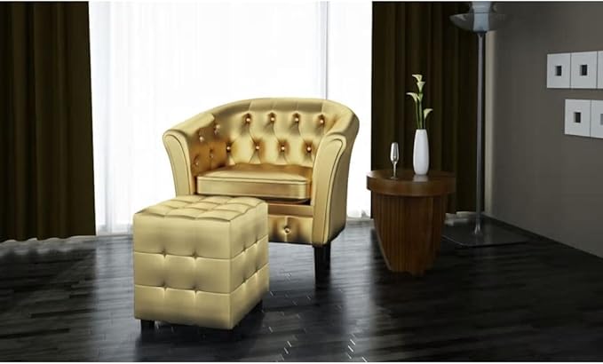 vidaXL Luxurious Gold Tub Chair with Footstool Faux Leather Accent Armchair Great for Living Room and Office Decor Ergonomic Design Removable Cushion Chesterfield Compact Lounge Club Comfy