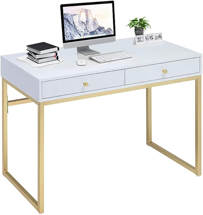 HomVent Contemporary Office Desk Modern Simple Home Office Desk Writing Desk Computer Desk Laptop Table Desk with 2 Storage Drawers and Metallic Legs Vanity Makeup Console Table (White &amp Brass)