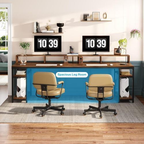 78 Two Person Computer Desk with Drawers Long Double Home Office Desk with with Storage Shelves Large Gaming Study Writing Table Workstation for Office (Brown-Monitor Stand)
