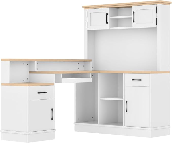 L-Shaped Home Office Desk with Storage Drawers Shelves and Cabinet Study Table Gaming Computer Desk with Keyboard Tray for Apartroom Living Room White