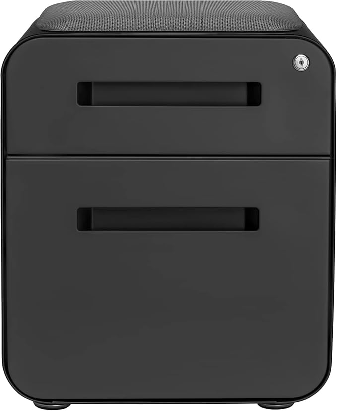 Laura Davidson Furniture STOCKPILE Mini Seated 2 Drawer Mobile File Cabinet with Removable Magnetic Cushion Seat - Short Version Metal Filing Cabinet Pre-Assembled Black with Grey Cushion