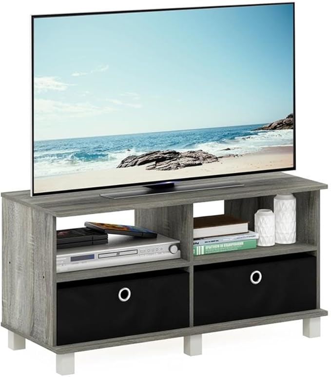 Furinno Andrey Entertainment Center with Bin Drawers French Oak Grey/Black